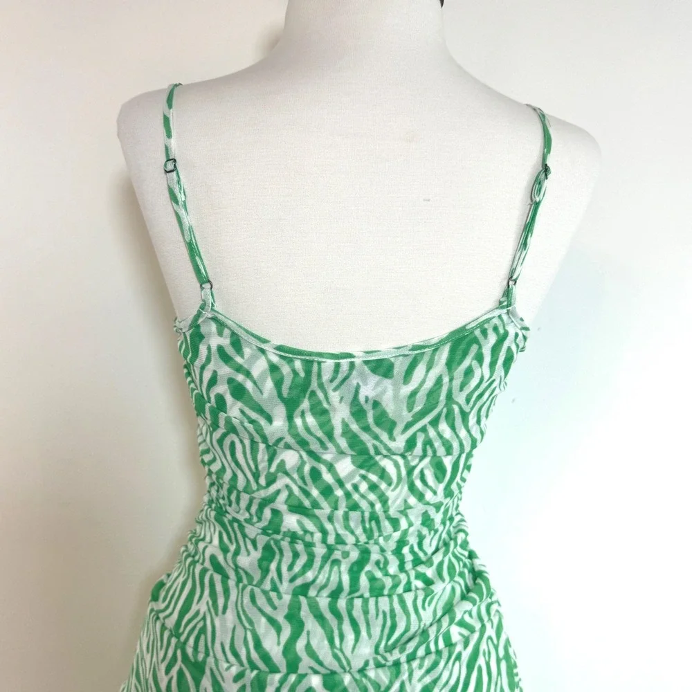 Diane von Furstenberg Target Mesh Ruched Mini Dress‎ Green Zebra Print Y2K XS